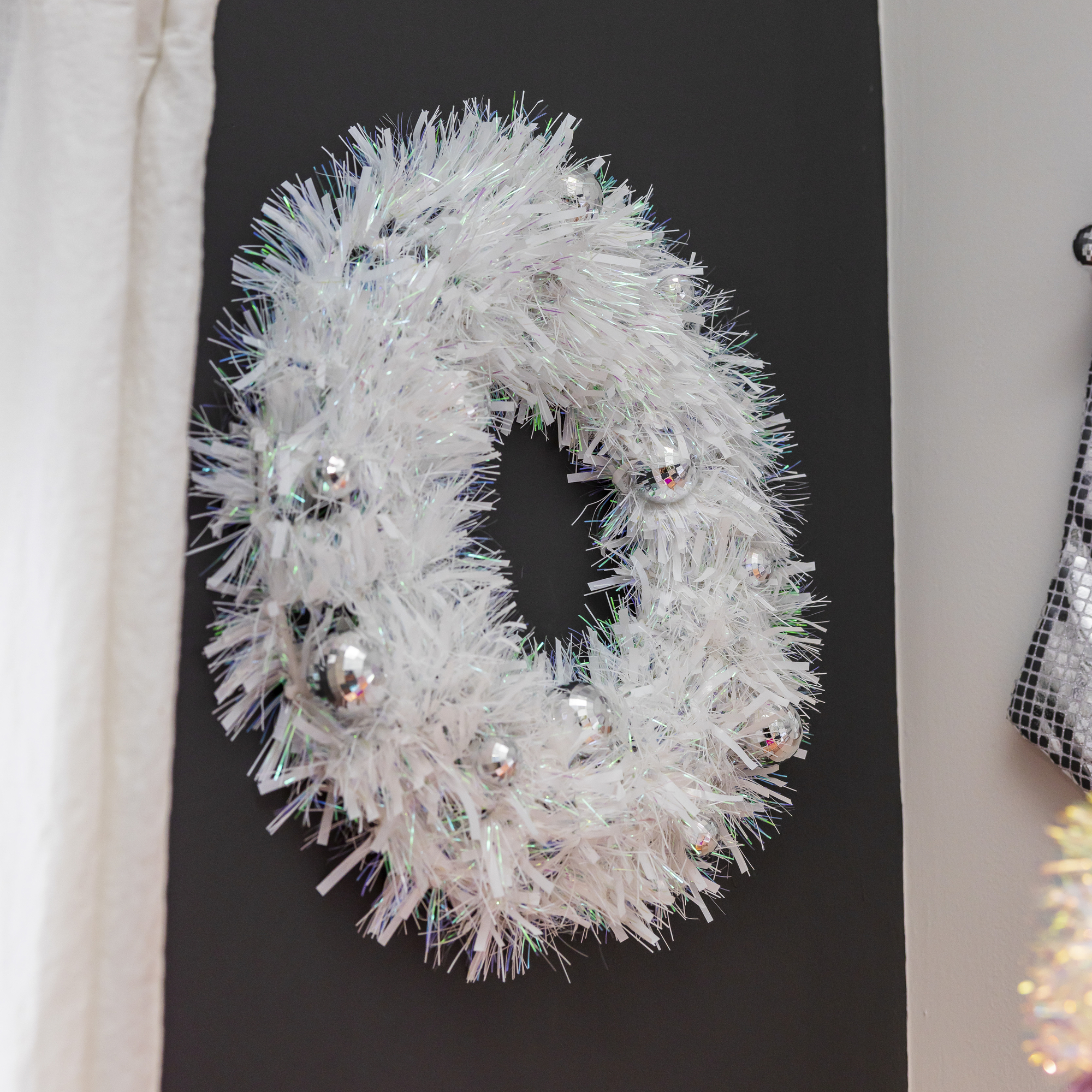 tinsel wreath with disco ball ornaments 21.25in