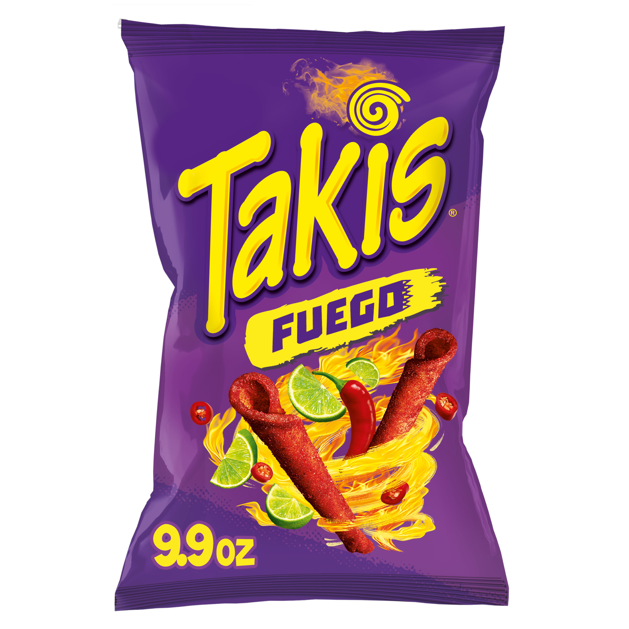 Takis fuego rolled tortilla chips, hot chili pepper and lime artificially flavored, 9.9oz bag