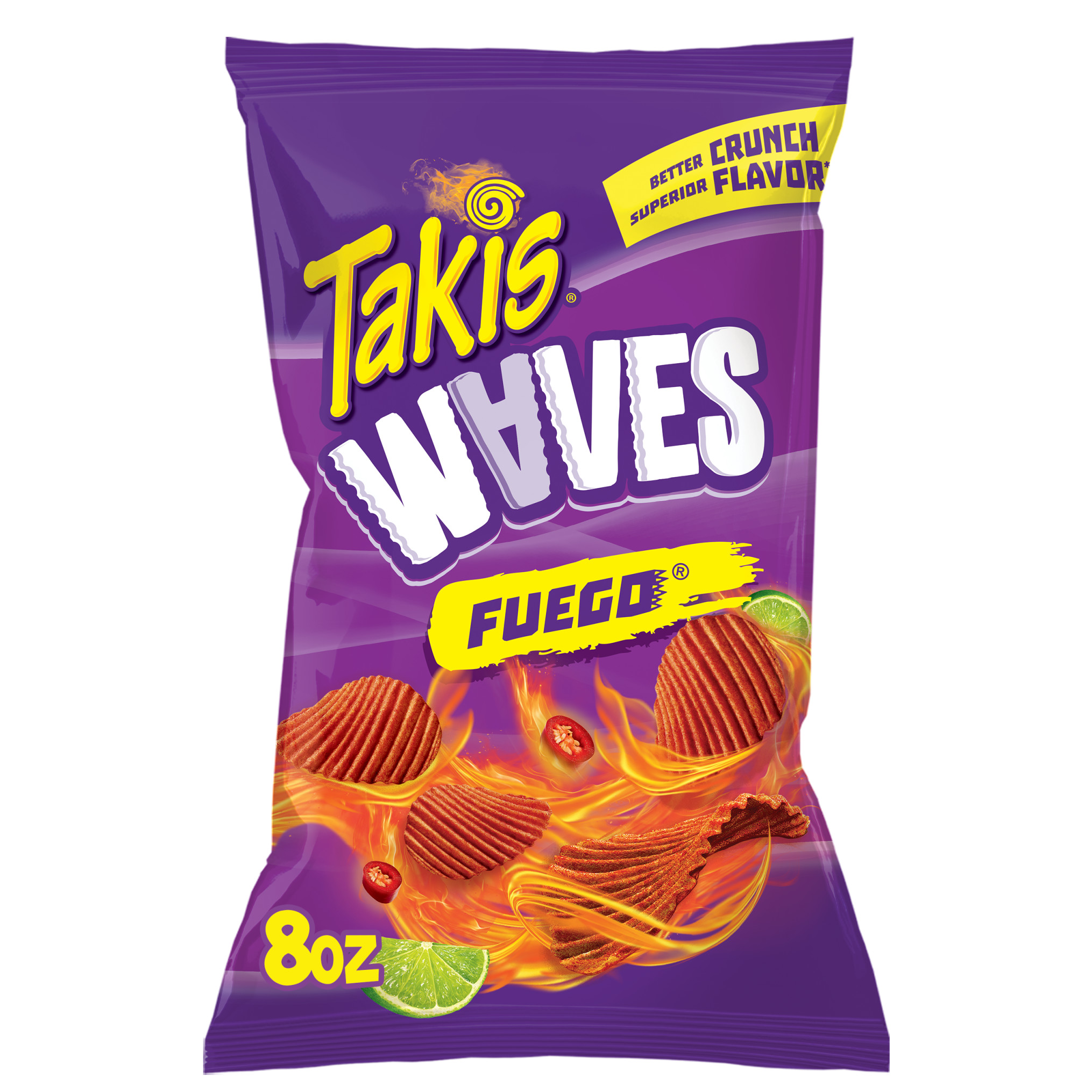 Takis waves fuego, hot chili pepper and lime artificially flavored potato chips, 8oz bag
