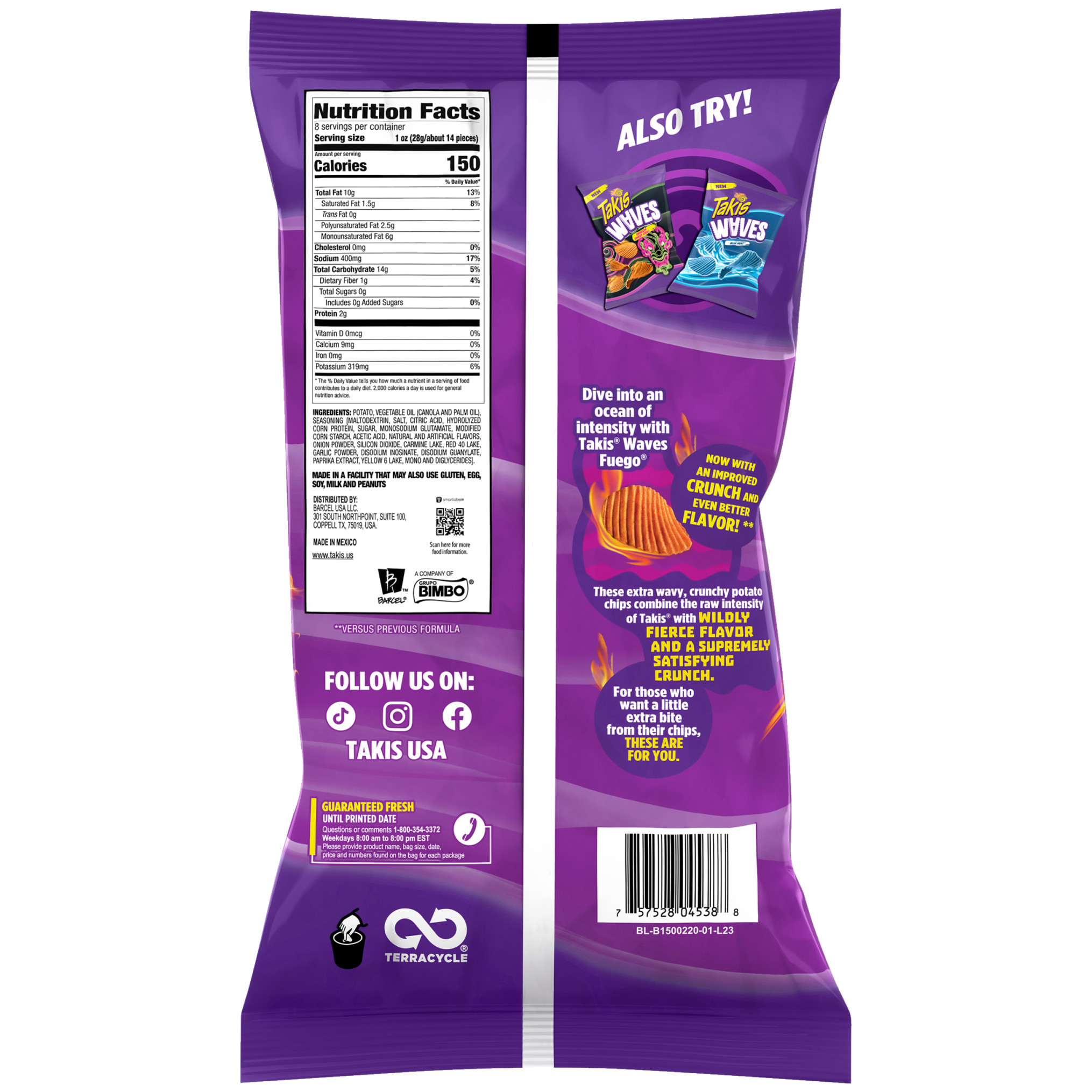 Takis waves fuego, hot chili pepper and lime artificially flavored potato chips, 8oz bag