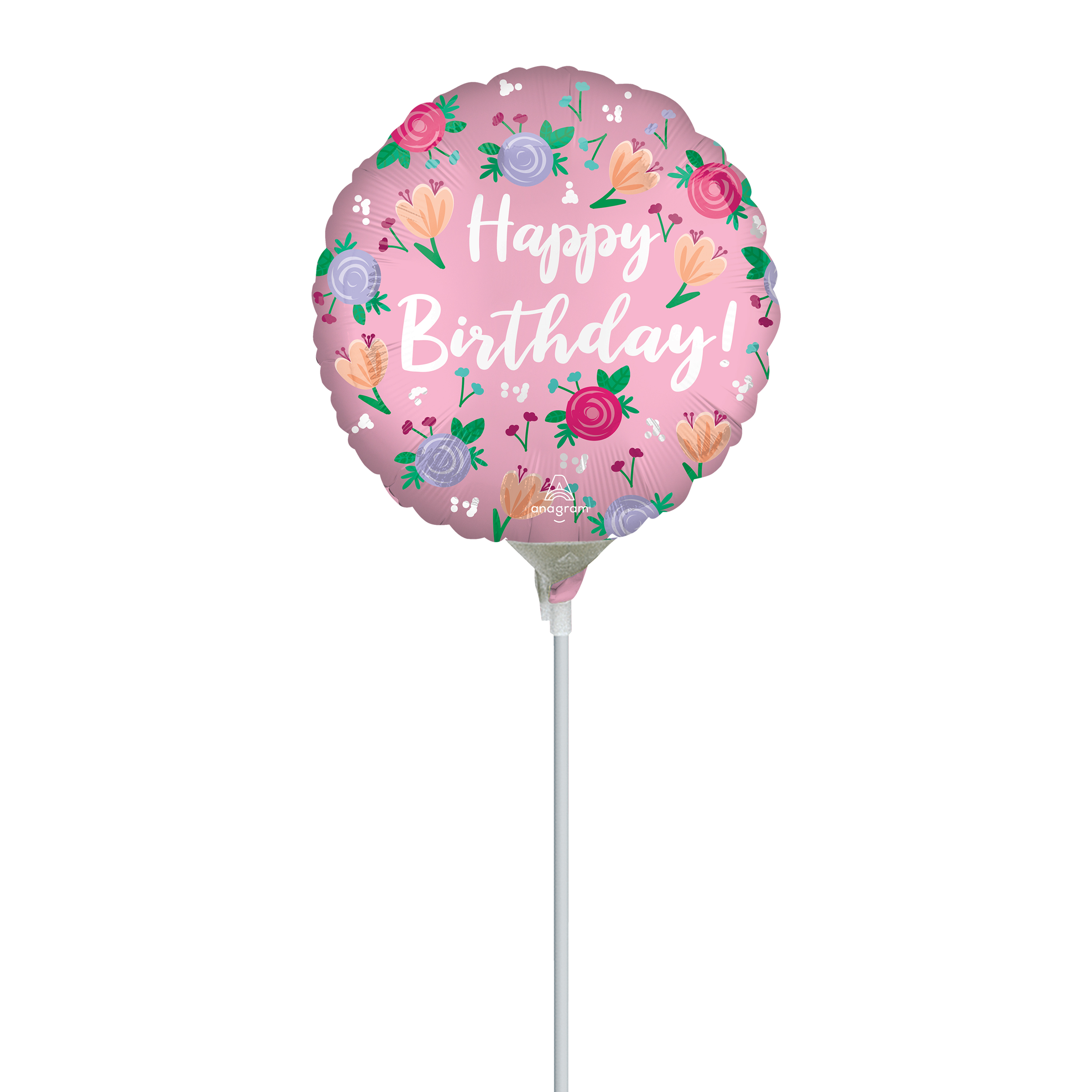 Happy Birthday Peony Pre-Inflated Stick Balloon 9in