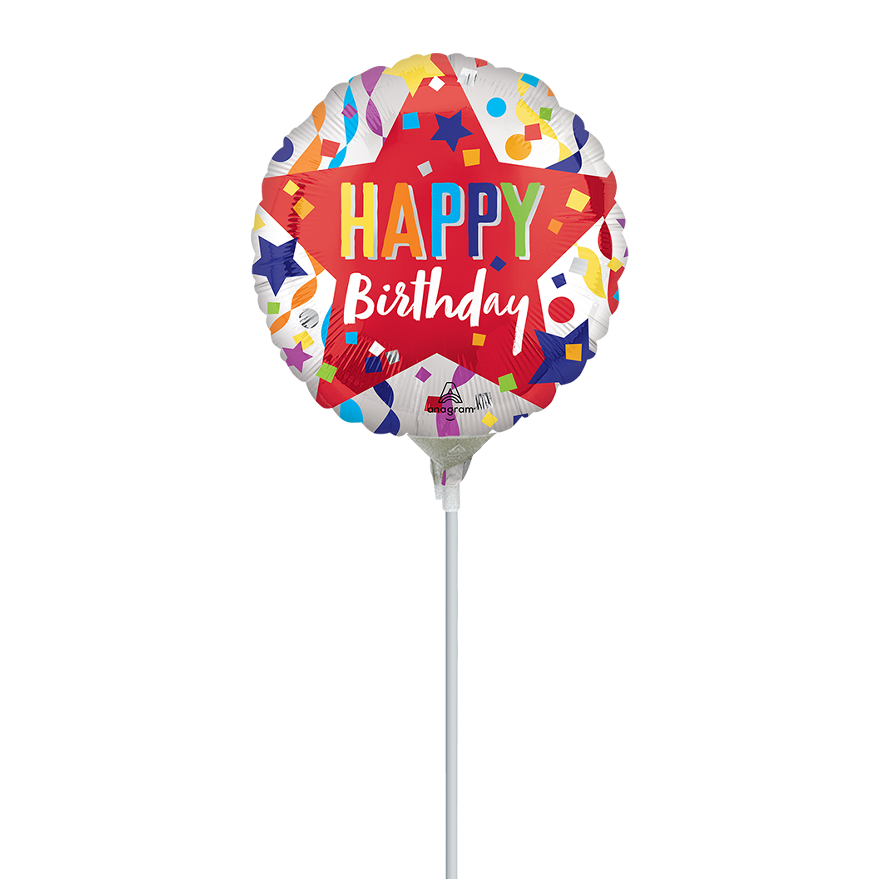 Happy Birthday Red Star Pre-Inflated Stick Balloon 9in