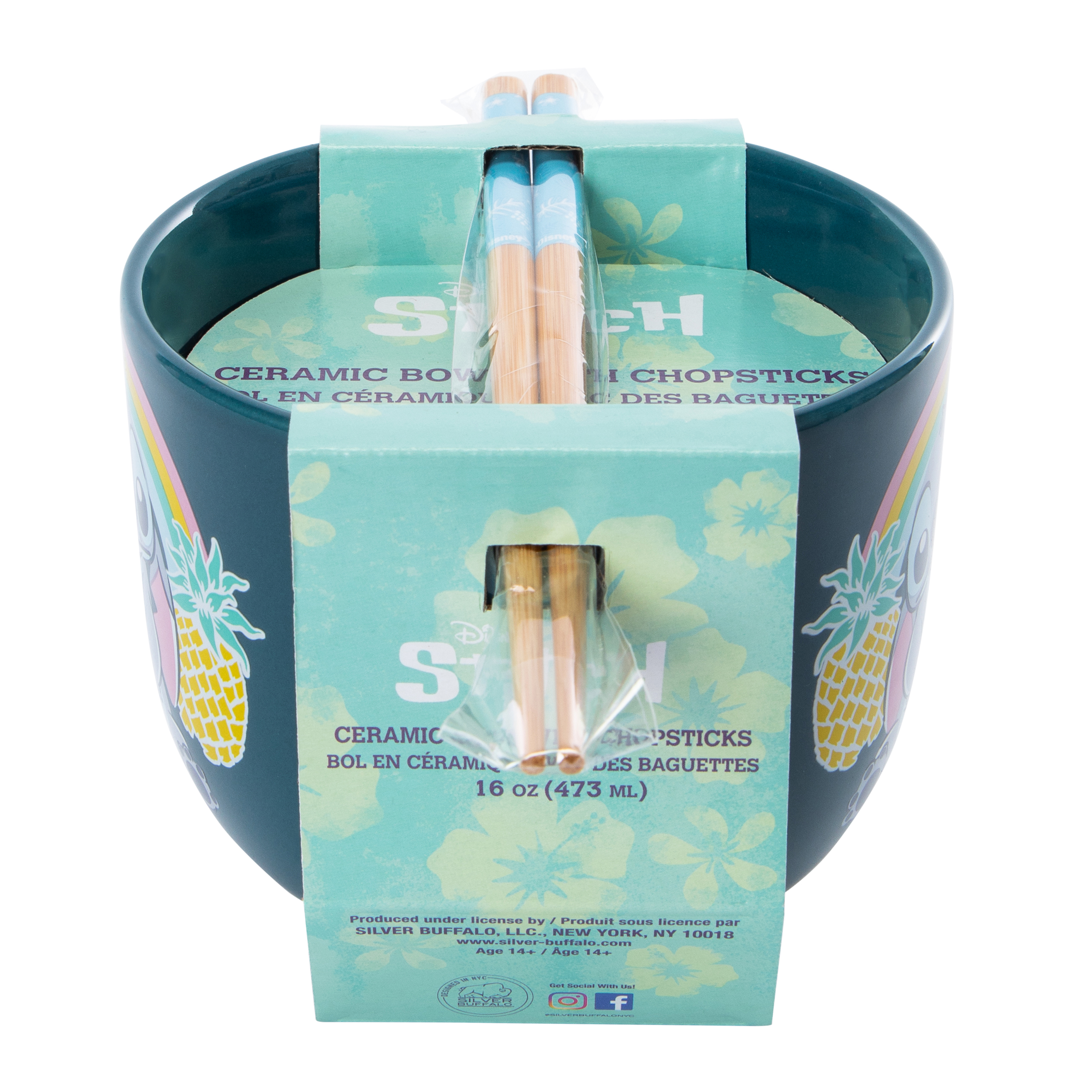 Disney Stitch Pineapple Ceramic Bowl With Chopsticks 16oz