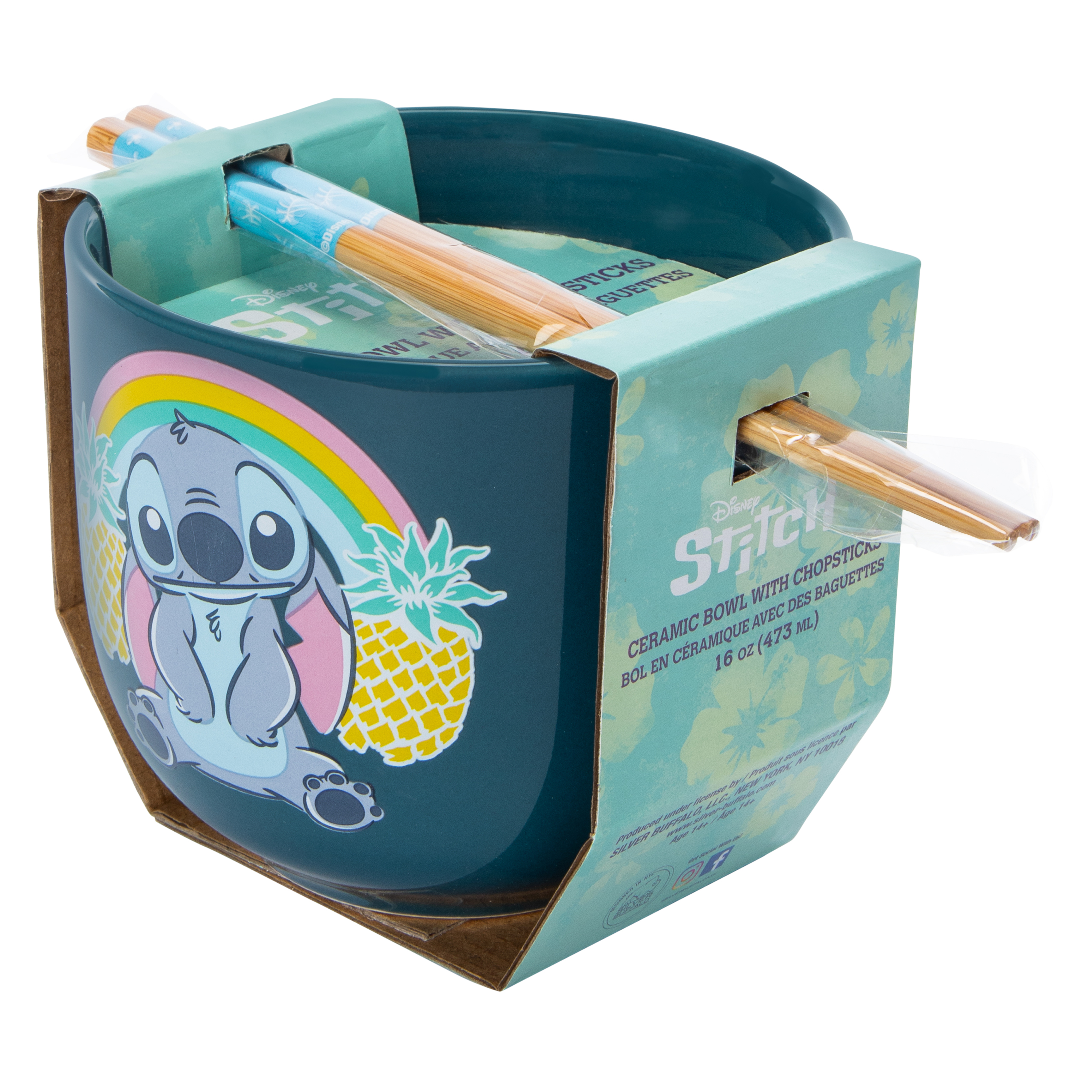 Disney Stitch Pineapple Ceramic Bowl With Chopsticks 16oz