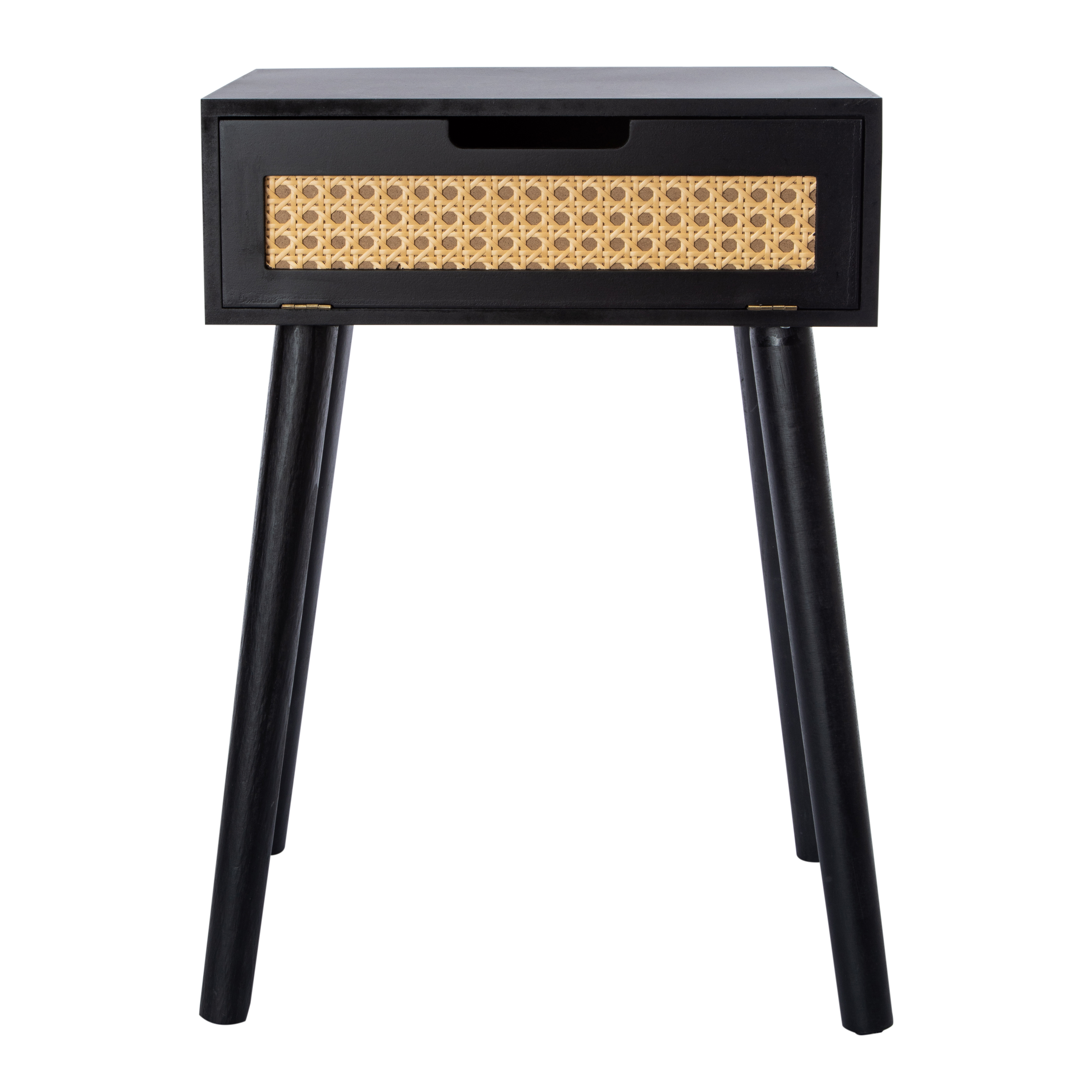 Wooden Side Table With Rattan Cane Accent