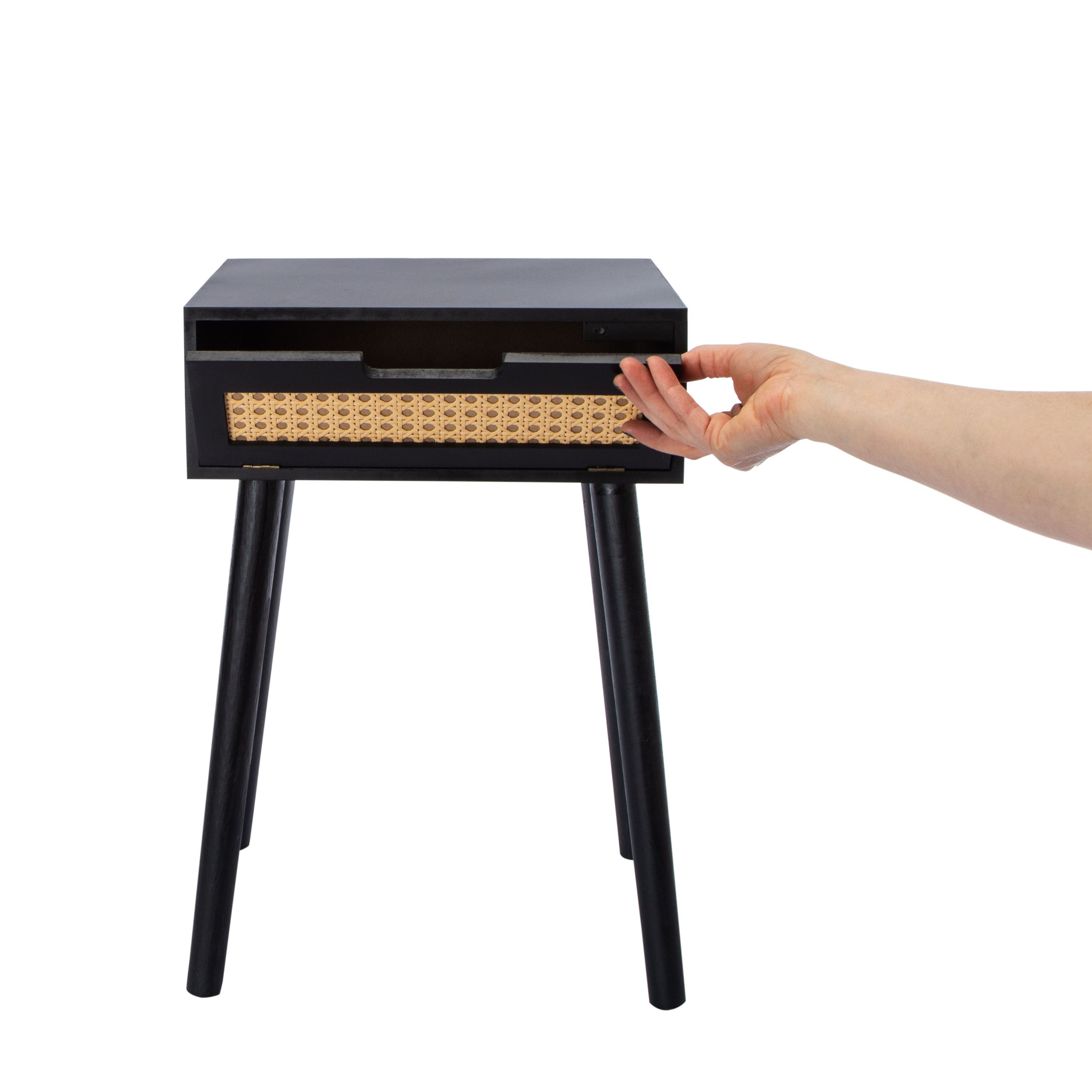 Wooden Side Table With Rattan Cane Accent