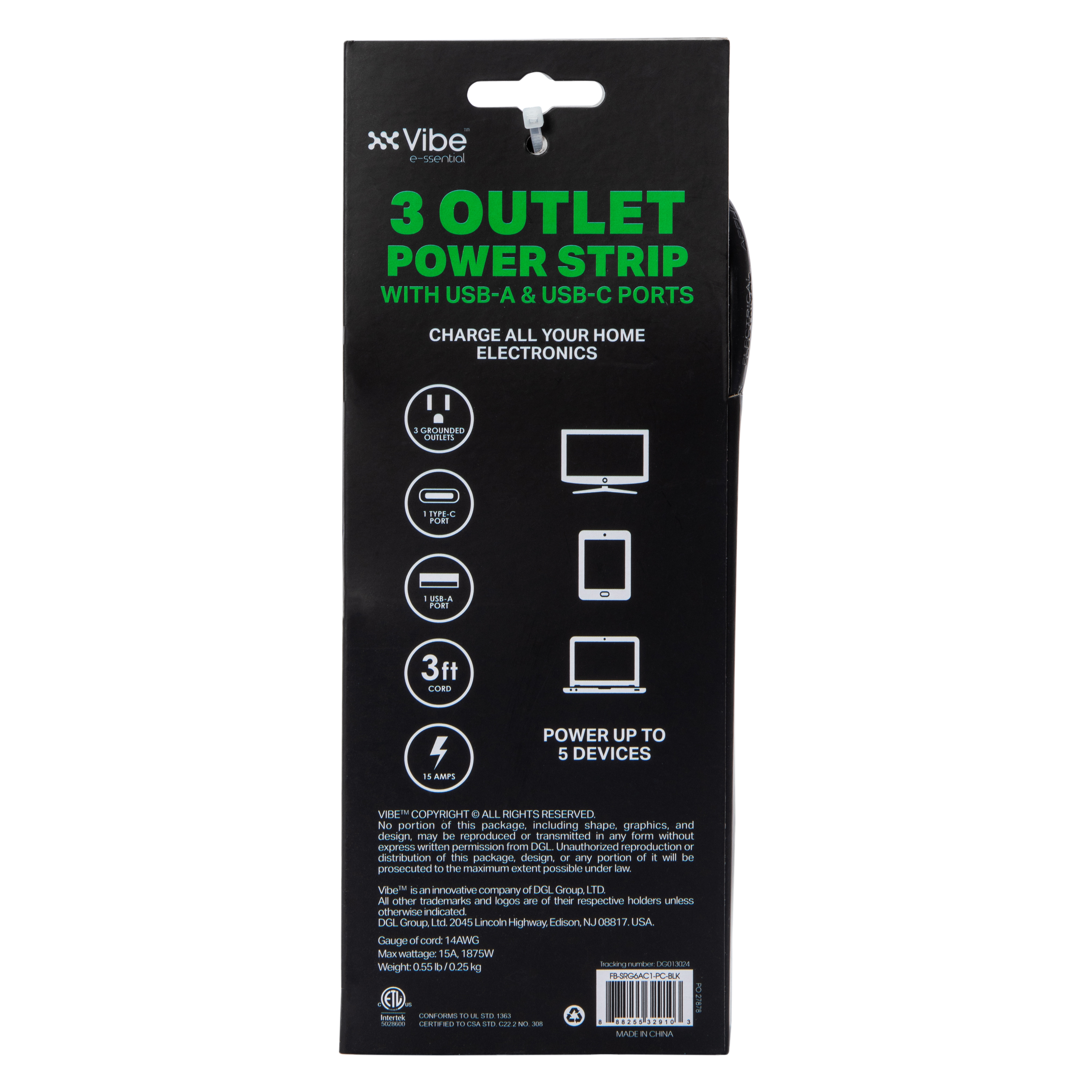 3-Outlet Power Strip, 3ft