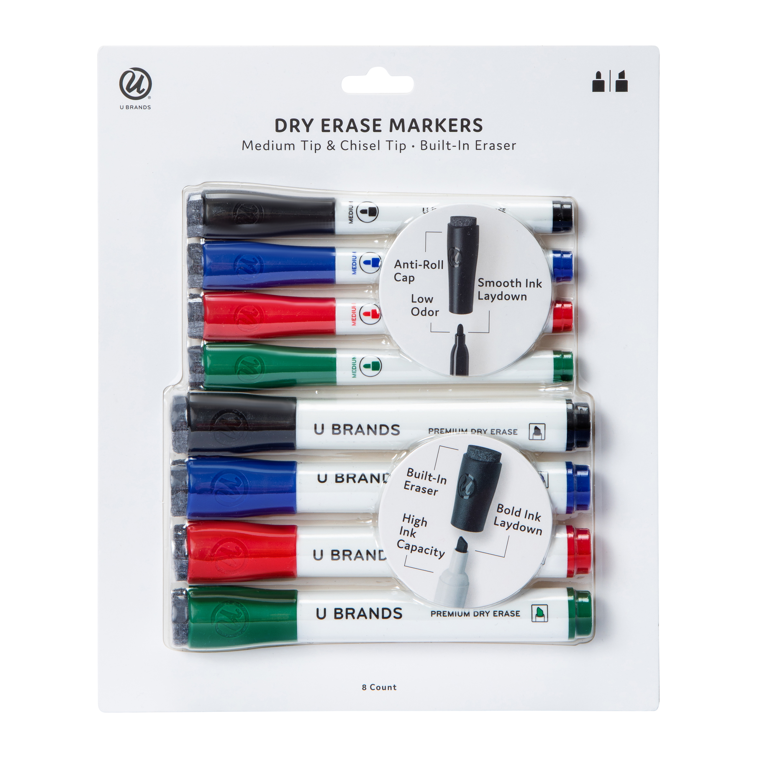 U Brands® Dry Erase Markers Medium  & Chisel Tip With Built-In Eraser 8-Count