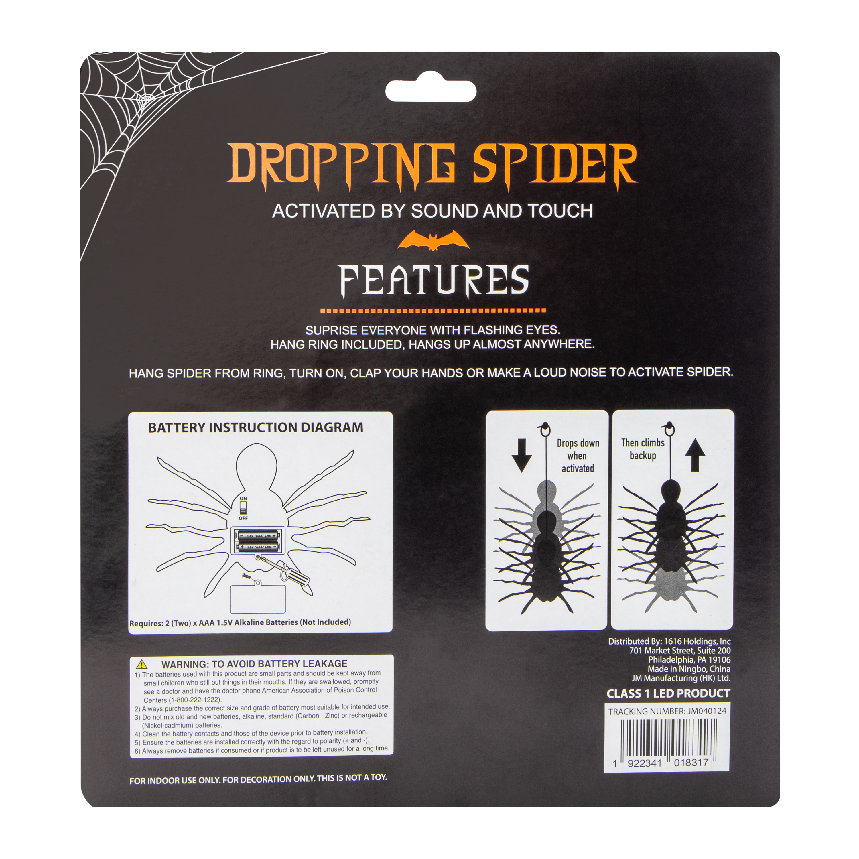 Touch & Sound Activated Dropping Spider Halloween Decor
