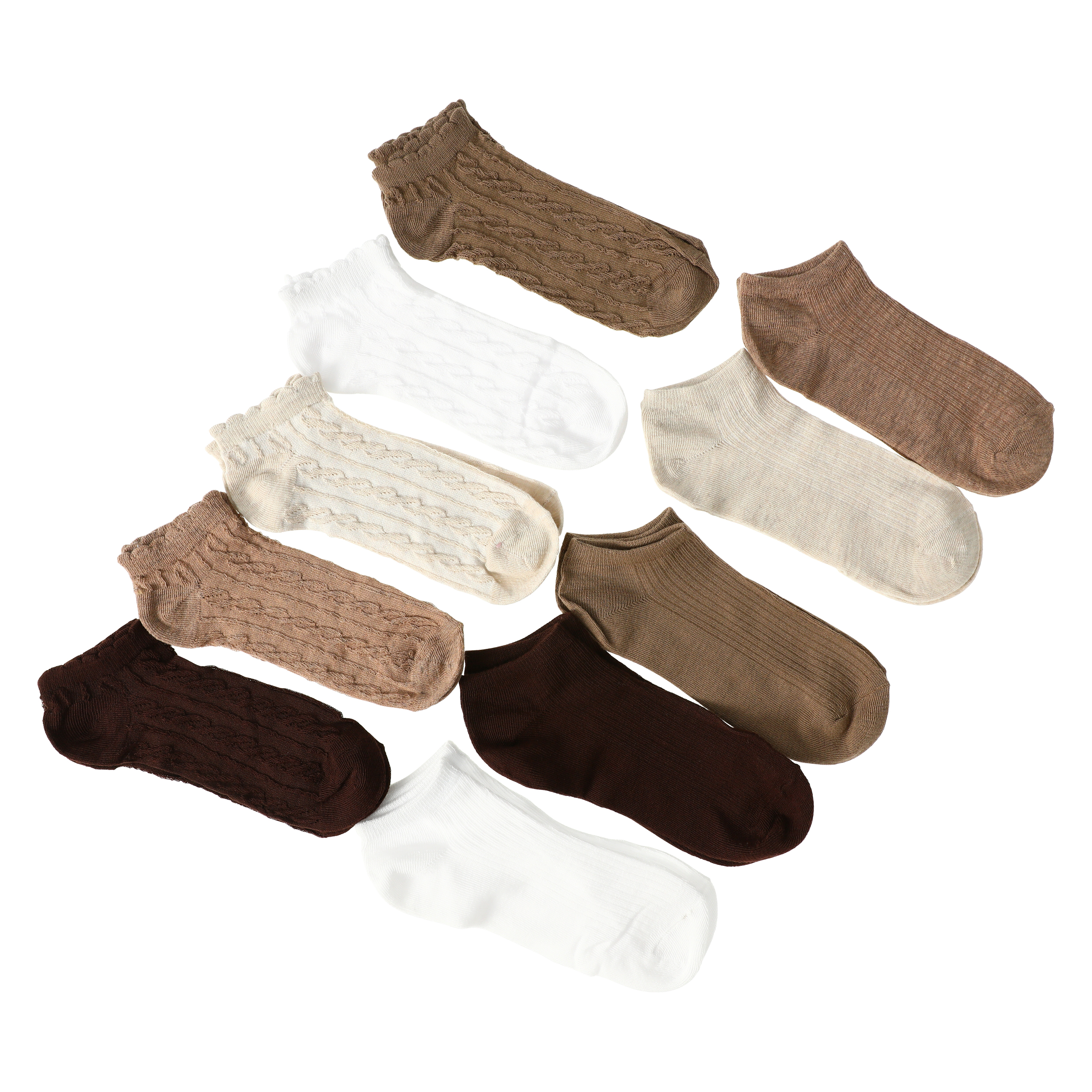 Ladies Brown Cable Knit Low-Cut Socks 10-Pack