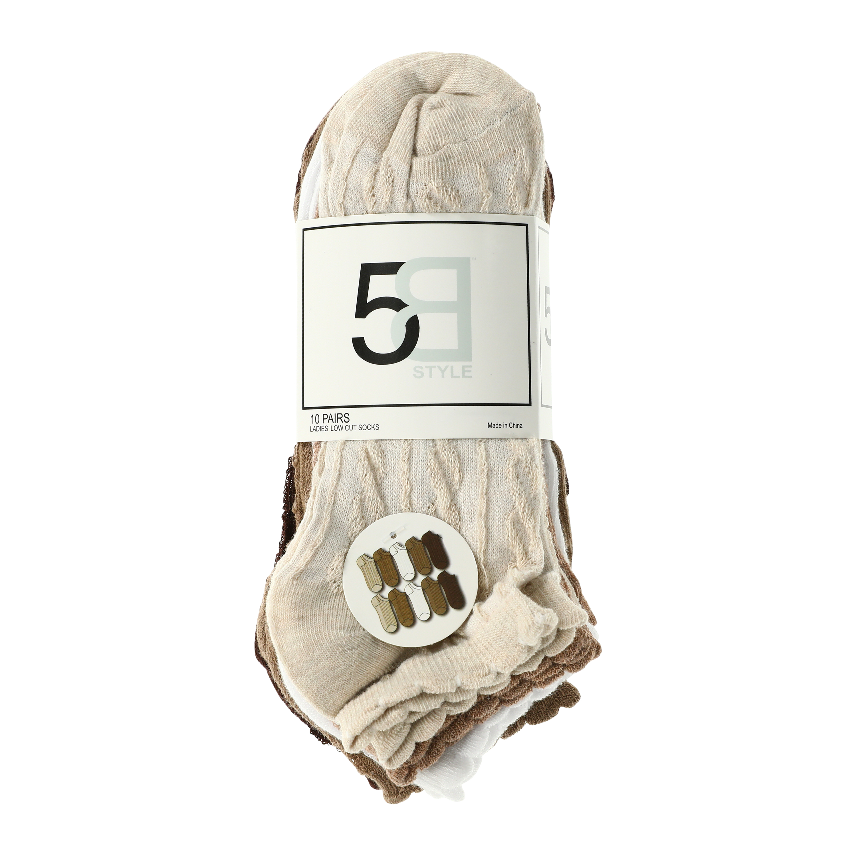 Ladies Brown Cable Knit Low-Cut Socks 10-Pack