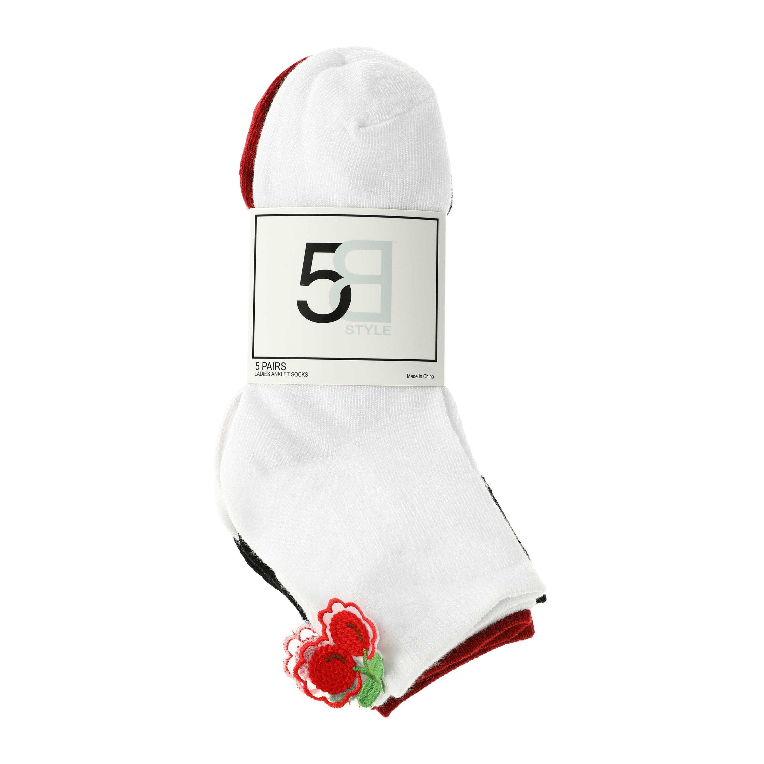Ladies Ankle Socks With Embroidered Patch 5-Pack