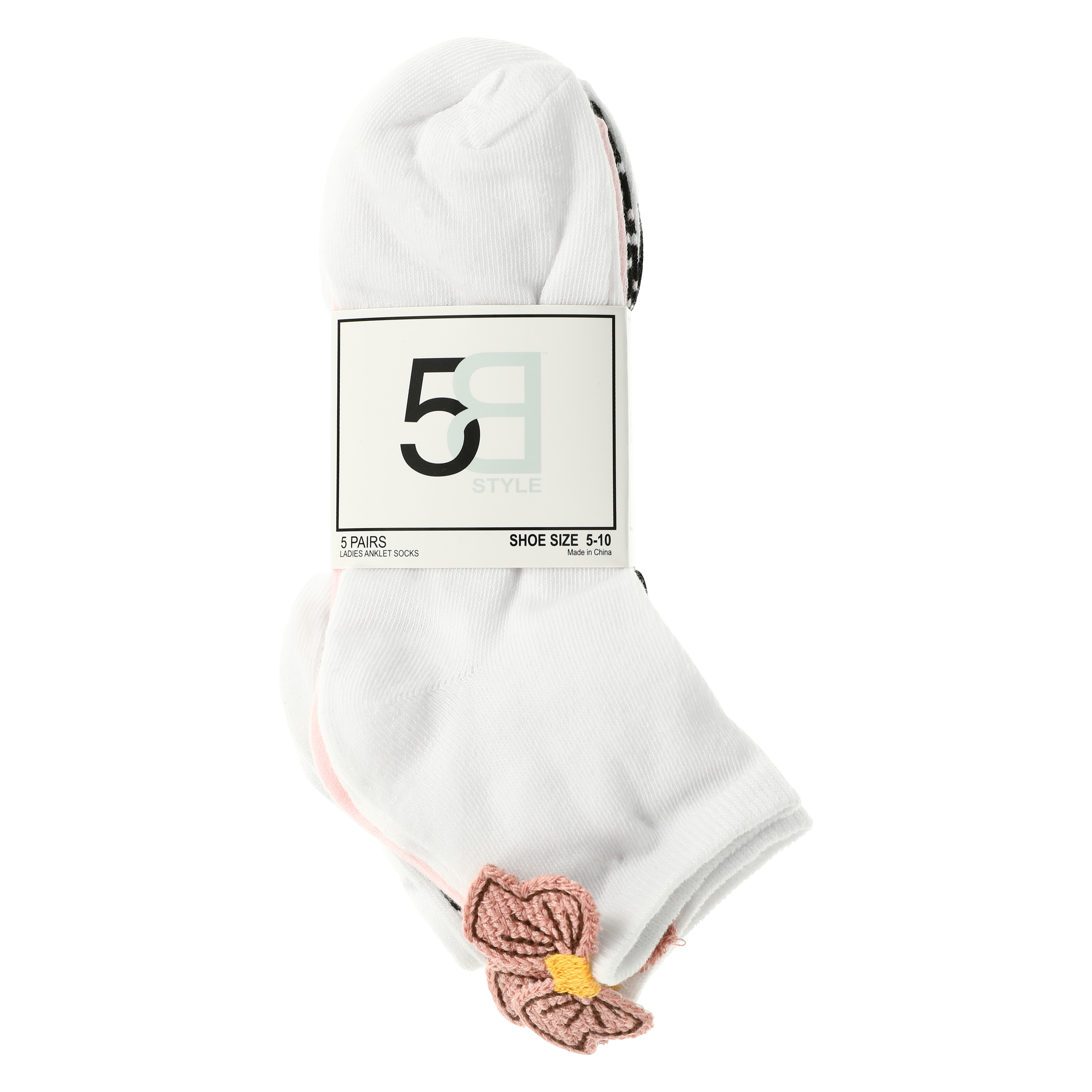 Ladies Ankle Socks With Embroidered Patch 5-Pack