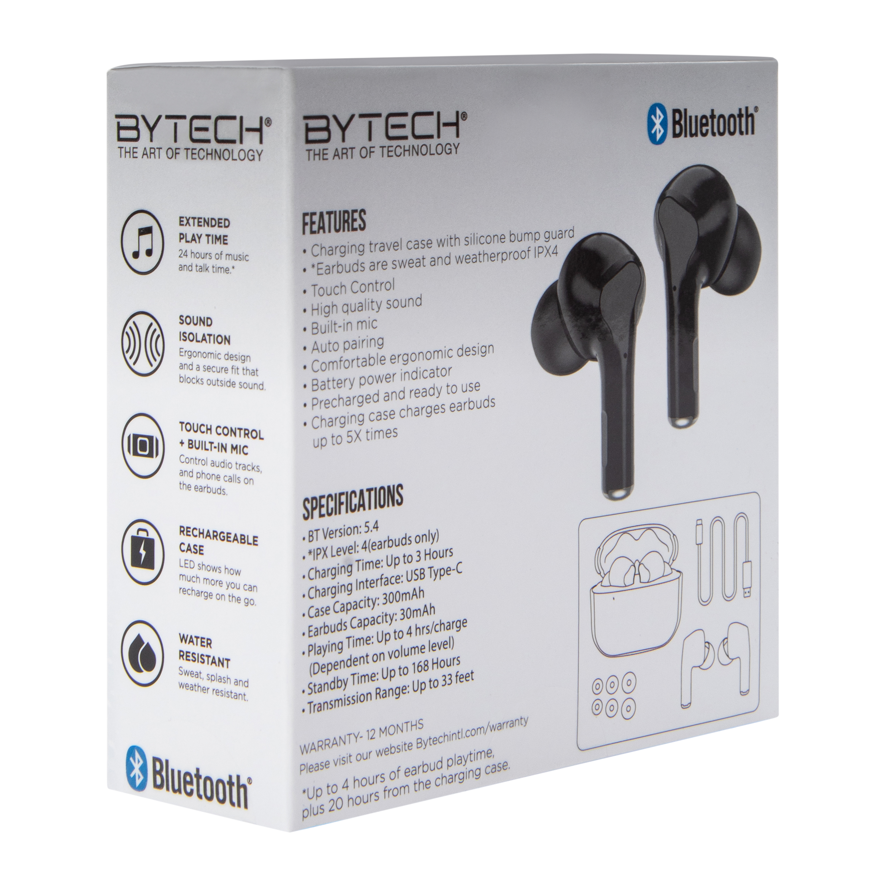 24-Hour True Wireless Earbuds With Mic & Case