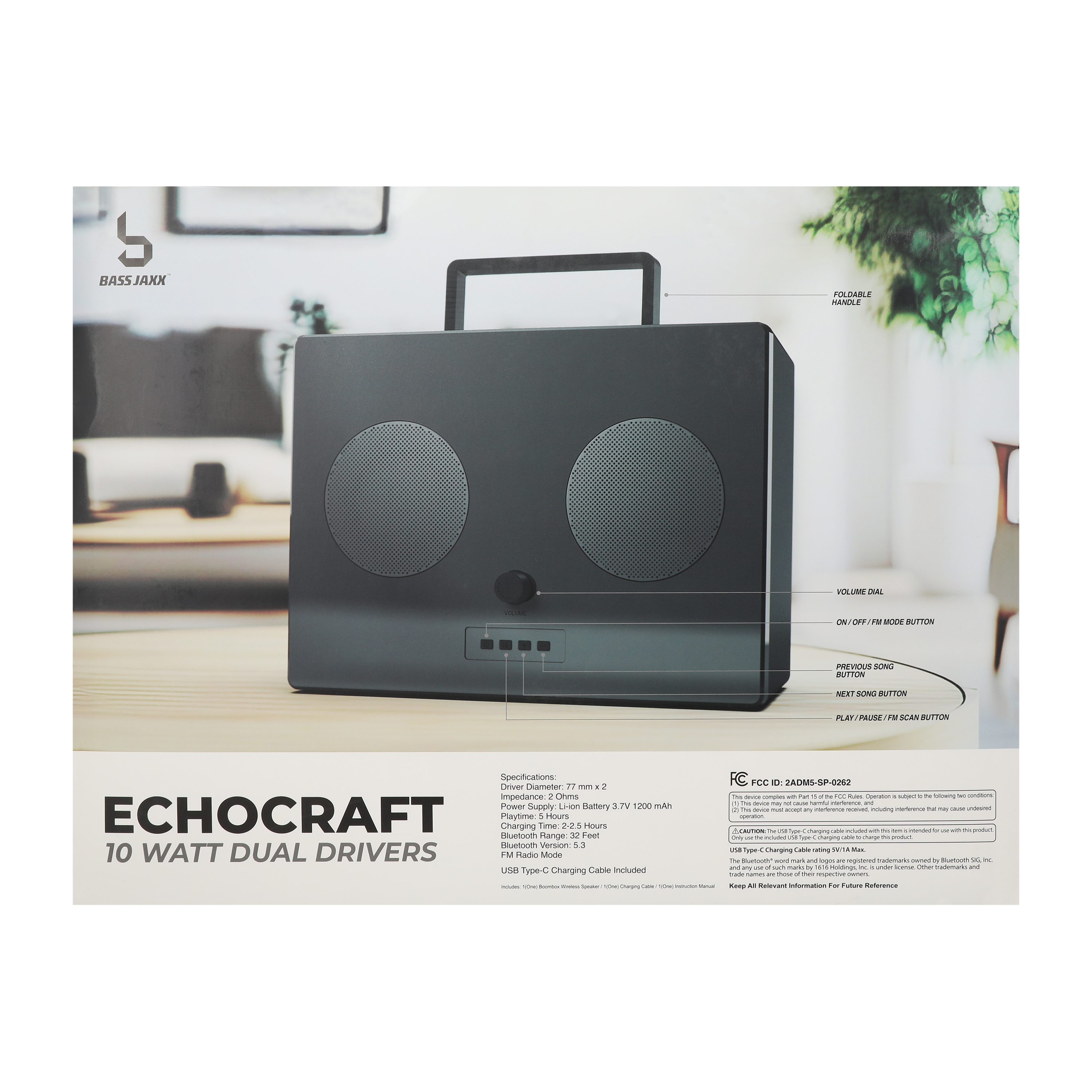 Bass Jaxx™ Echocraft Boombox 10W Dual Drivers Wireless Speaker