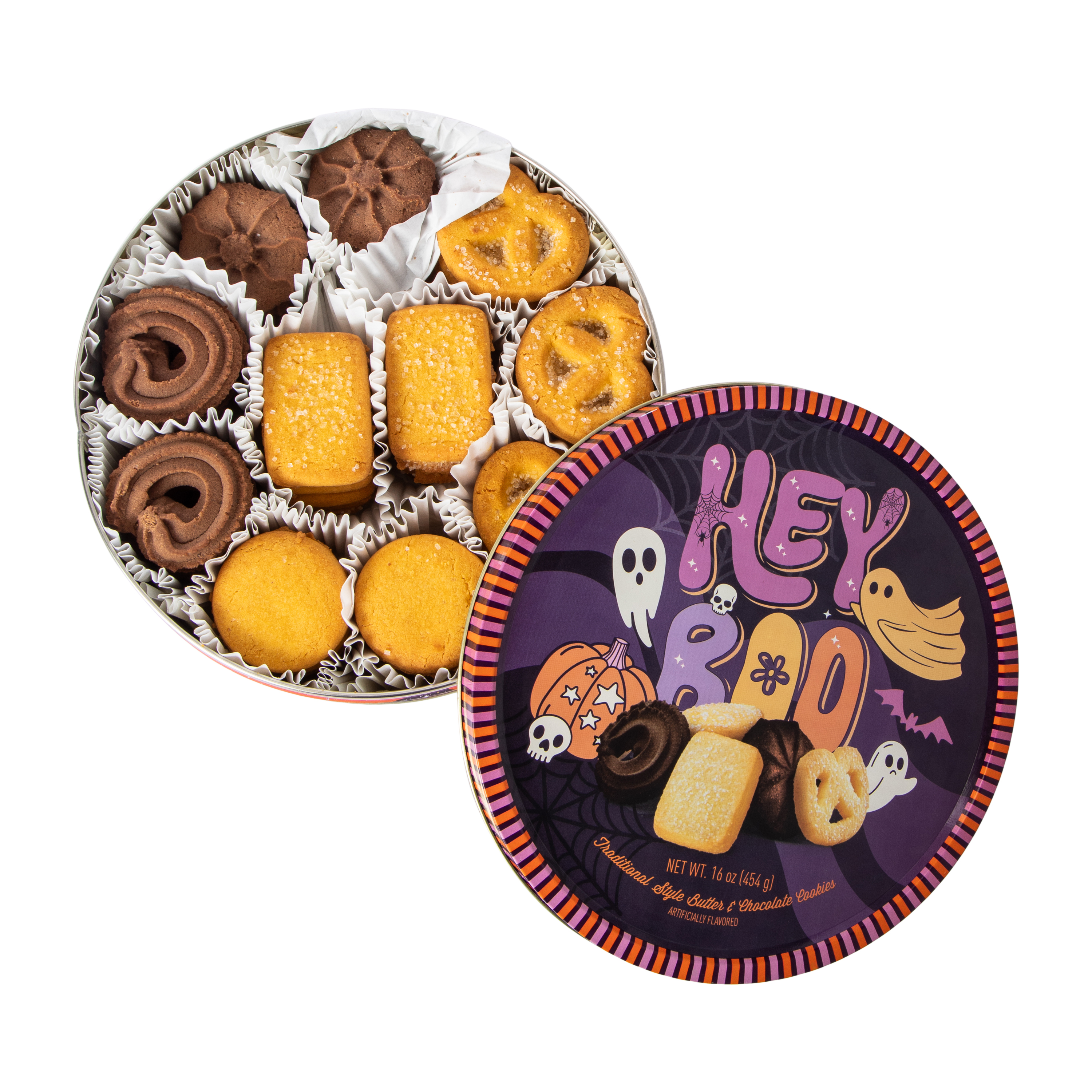 Halloween Hey Boo Traditional Style Butter & Chocolate Cookies Tin 16oz