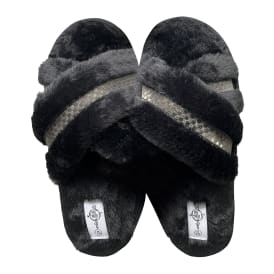 Ladies Cross-Strap Faux Fur Slippers