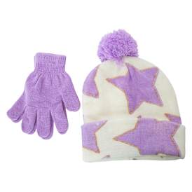 Kid's Printed Pom Pom Beanie Hat & Glove Set